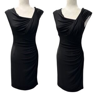 Lauren Ralph‎ Lauren Asymmetrical Neck Dress Ruched Slinky Knit Sz 4 Slim Sheath